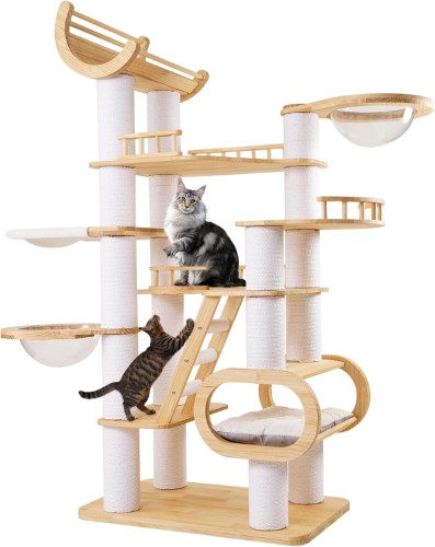 COUNER 82.6″ Large Luxury Maine Coon Cat Tree showing tall carpeted platforms, large condo and sisal posts in a living room.