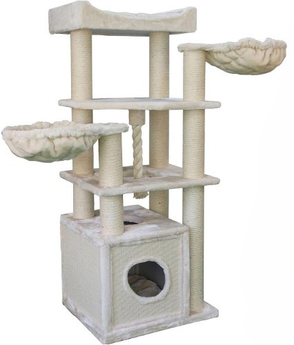 CozyCatFurniture Cat Tree for Maine Coon Cats showing a large top perch, carpeted platforms, and sisal posts in a living room.
