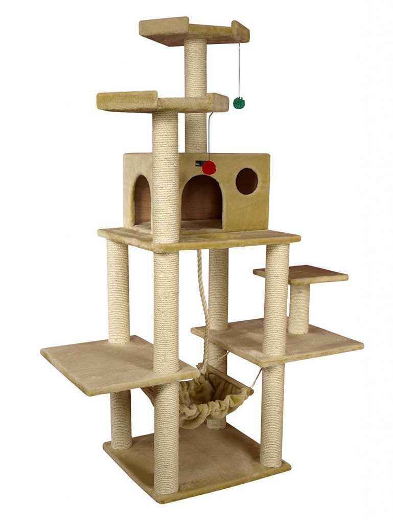 Armarkat 72-inch Cat Tree showing faux-fur platforms, sisal posts, and dual condos in a living room.