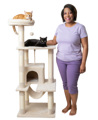 Marlinda from Cat Climbing Structures smiling, with a cat tree in the background.